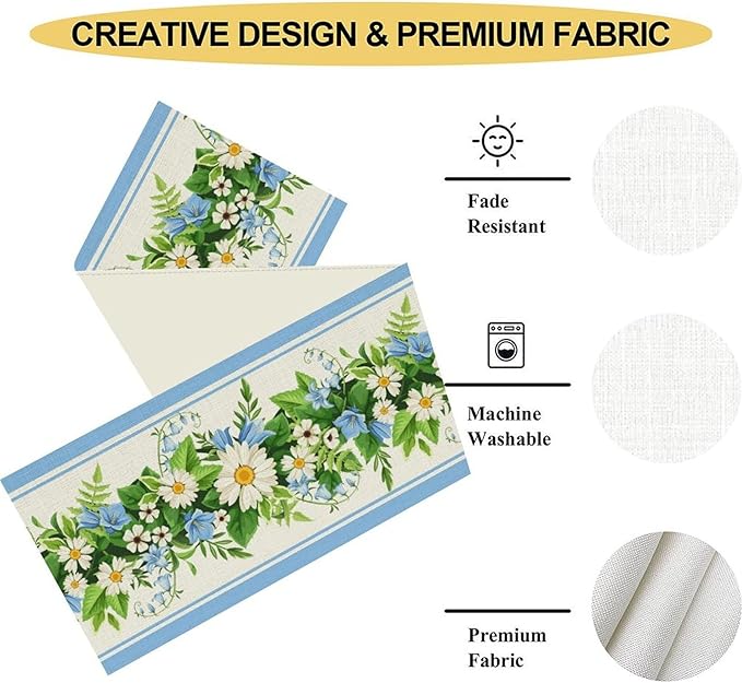 Wild Flower Table Runner, Vintage Seasonal Spring Daisy Flower Rustic Blue Farmhouse Table Center Decor for Family Kitchen Farmhouse Holiday Party Table Decorations Indoor Outdoor 13x108 inch