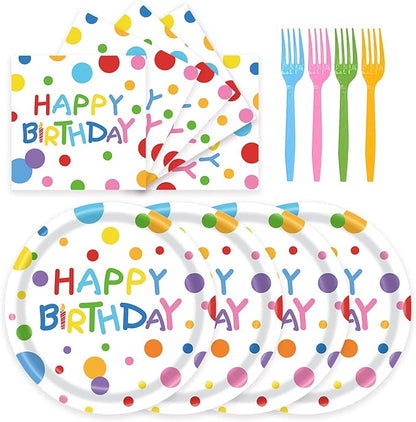 72Pcs Happy Birthday Plates and Napkins, Colorful Dots Paper Plates and Napkins Forks 7inch Disposable Cake Dessert Plates Tableware Decorations for Boys Girls Birthday Party, Serve 24