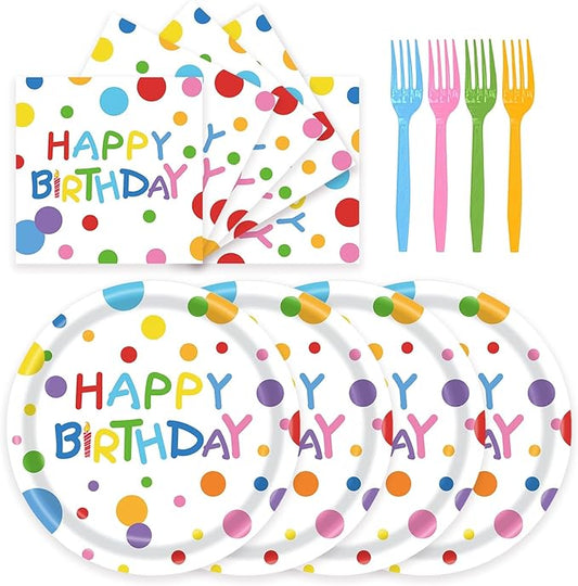 72Pcs Happy Birthday Plates and Napkins, Colorful Dots Paper Plates and Napkins Forks 7inch Disposable Cake Dessert Plates Tableware Decorations for Boys Girls Birthday Party, Serve 24