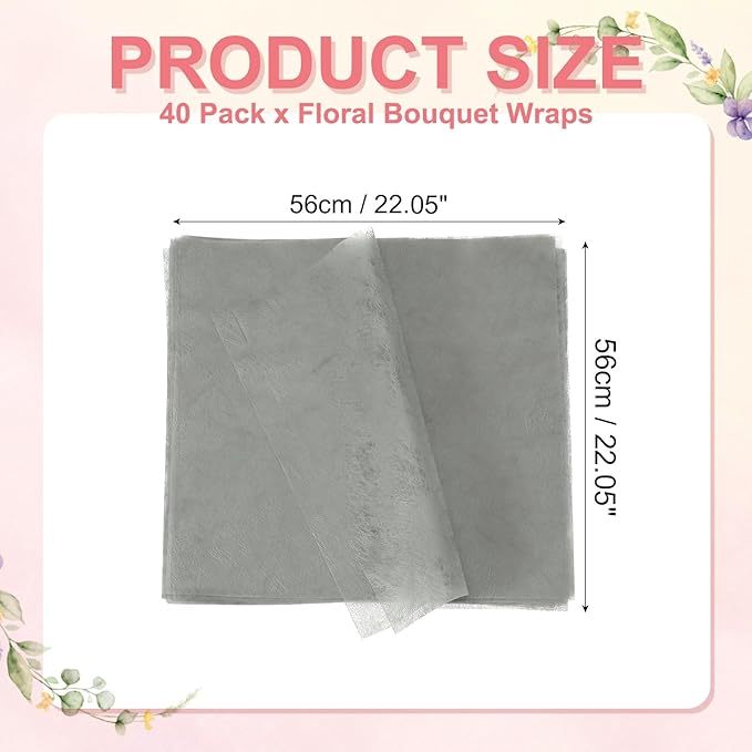YELARXI Flower Wrapping Paper, Cotton Wrapping Flower Paper, Non-Woven Waterproof Floral Bouquet Wraps - Fitting for (Florist Supplies/Gift) 22 x 22 Inch & 40 Pack & Gray