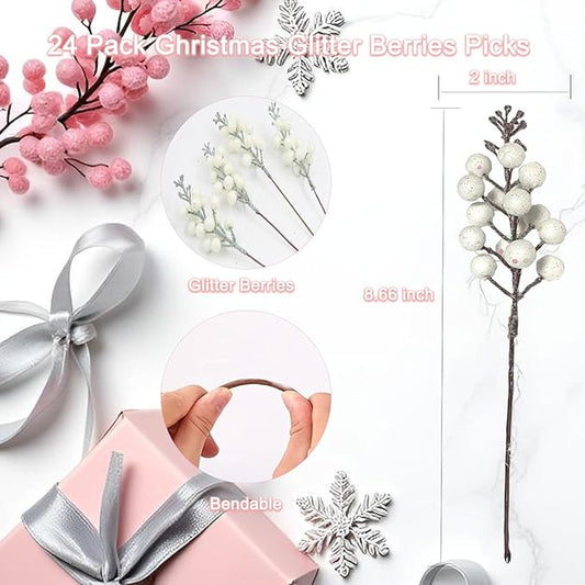 24 Pack Christmas Glitter Berries Stems, 8.66 Inch Artificial Christmas Tree Picks,Holly Berry DIY Xmas Wreath, Crafts, Holiday Clearance and Home Decor, Milk White