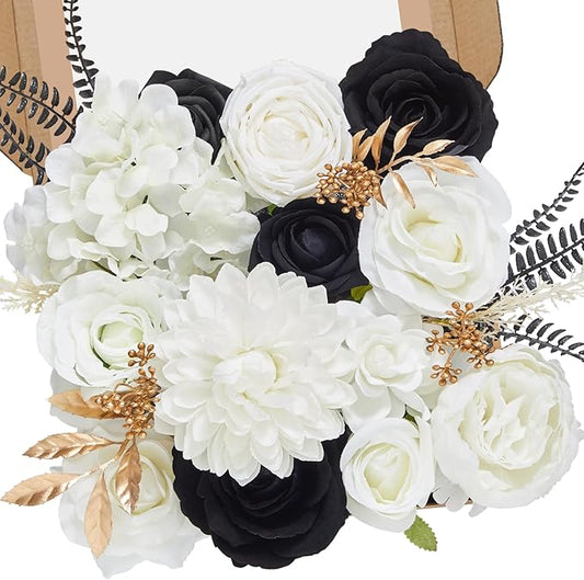 Serwalin Black Artificial Flowers, White Roses Silk Fake Flowers for DIY Wedding Bridal Bouquets, Wedding Cake Flowers for Table Centerpieces Baby Shower Birthday Party Home Decorations