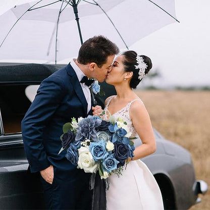 Rinlong 10.6 Inch Wedding Bouquets for Bride Navy Blue Bridal Bouquet for Wedding Artificial Flowers Silk Bouquet