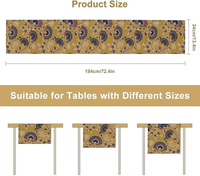 Boho Floral Table Runner, Mustard Yellow Paisley Floral Vintage Farmhouse Table Runner for Kitchen Dining Holiday Party Decor, 13x60 Inch
