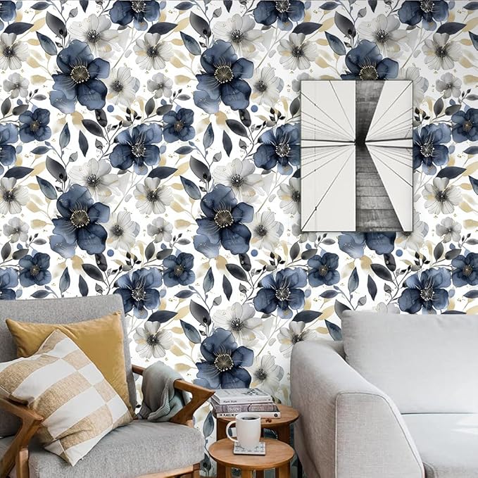 Floral Peel and Stick Wallpaper - Vintage Dark Blue/Gray Flower Boho Wallpaper - Removable, Renter Friendly - 17.71'x236.2'
