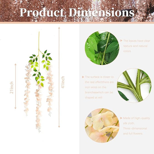 36 Pack Champagne Pink Wisteria Hanging Flowers, 3.44 Ft Fake Hanging Flowers, Artificial Wisteria Garland Vines for Wedding Room Backdrop Outdoor Patio Garden Decoration