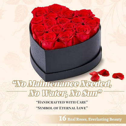 16 Preserved Roses in Heart-Shaped Box - Eternal Love Gift, Long-Lasting Roses for Her - Forever Flowers - Ideal for Valentine's Day, Anniversaries, Mother's Day - Elegant Display Box