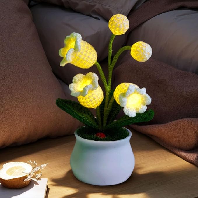 Lily of The Valley Lamp, Crochet Artificial Flower with 5 Little Night Lights, Cute Gifts for Women Wife Girlfriend Birthday Christmas Valentine Mother's Day -Small