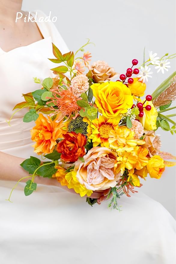 Artificial Flower Combination Box Set Artificial Flower Loose Leaves and Stems DIY Wedding Center Bouquet Bride Wedding Baby Shower(Orange Yellow)