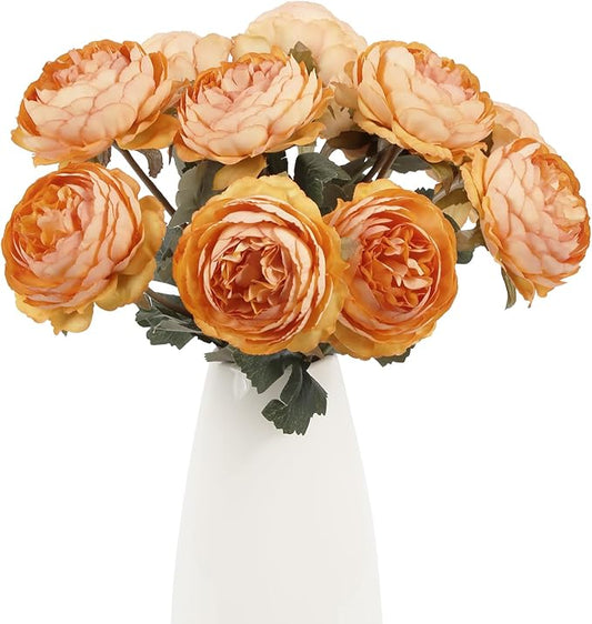 IPOPU 10pcs Orange Peonies Artificial Flowers Real Touch Silk Peonies with Stems Real Look Fake Peony for Home Table Decorations Wedding Faux Flowers Arrangements