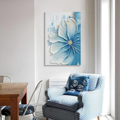 JUHOME Hand-Painted Blue Floral Canvas Wall Art, 24x36 In Thick Textured Abstract Oil Painting, Vertical Modern Artwork for Living Room, Bedroom, Office, Large Original Wall Decor