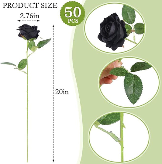 Hananona 50 Pcs Artificial Roses in Bulk, Fake Velvet Silk Roses Realistic Black Roses for Wedding Centerpieces Flower Arrangement Home Decor (50, Black)