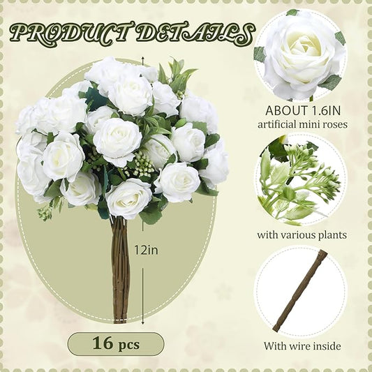 Zeyune 16 Bunches 12 Inch Artificial Mini Rose Bouquet 160 Heads Bridal Flower Bouquets Fake Silk Rose Bulk for Wedding Bridal Shower Christmas Home Office Garden Decoration(White)