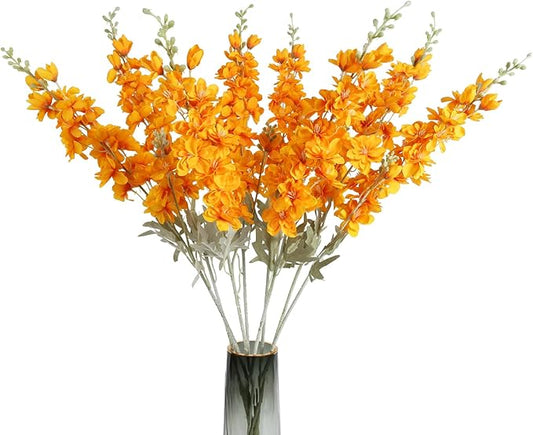 8pcs Delphinium Artificial Flowers 33.5in Long Stem Larkspur Fake Silk Flowers for Tall Vase Faux Flowers for Home Wedding Baby Shower Floral Arrangement Centerpiece Table Decorations (Orange)