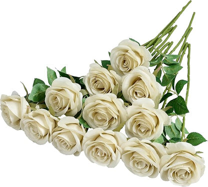 12pcs Roses Artificial Flowers Fake Rose Beige Silk Roses Tan Silk Flowers Rose with Long Stems for Wedding Home Party Centerpieces Decorations