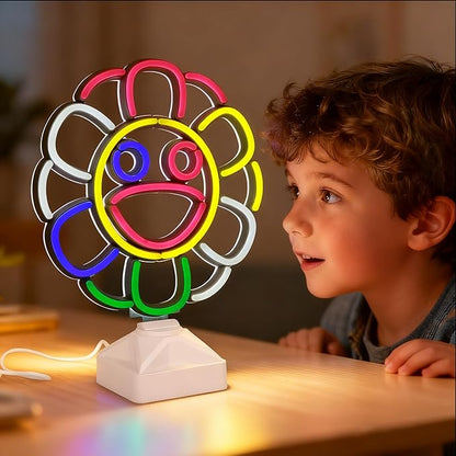 Sunflower Neon Lights with Holder Base, Colorful Smile Flower Lamp, Cute Night Light, Table Lamps for Home/Coffee Bar/Birthday/Party/Office/Wedding Decor/Kid's Gifts