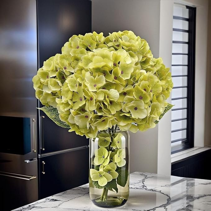 2Bouquets Artificial Fake Flowers Plants Silk Hydrangea Arrangements Wedding Bouquets Decorations Plastic Floral Home Kitchen Garden Party Festival Bar DIY(Chartreuse,5 Flower Heads)