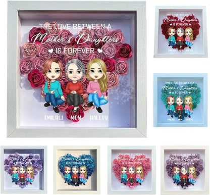 Personalized Mom Flower Shadow Box Custom Heart Shaped Rose Flower Shadow Box Frame with The Between A Mother And Daughter Is Forever Mother's Day Portrait Shadowbox Memory Gifts for Mom