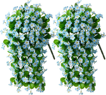 Artificial Fake Hanging Flowers Plants for Outdoor Spring Decoration, 2PCS Faux Silk Violet UV Resistant Look Real Trailing Vines for Outside Home Planter Porch Patio(Blue)