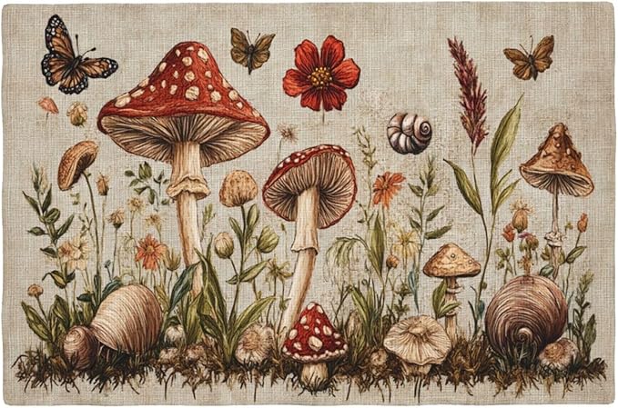 Rustic Mushroom Placemats Set of 4 Washable Table Mats Vintage Botanical Leaf Heat-Resistant Cotton Linen Place Mats for Dining Table Kitchen Indoor Outdoor Party Holiday Decor