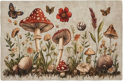 Rustic Mushroom Placemats Set of 6 Washable Table Mats Vintage Botanical Leaf Heat-Resistant Cotton Linen Place Mats for Dining Table Kitchen Indoor Outdoor Party Holiday Decor