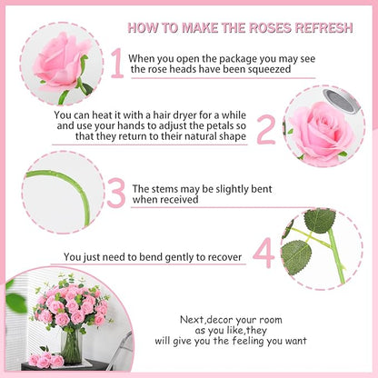 50PCS Artificial Silk Roses in Bulk & Bouquet Long Stem – Realistic Fake Roses for Wedding Centerpieces, Home Decor, Floral Arrangements, Party Decoration (Pink)