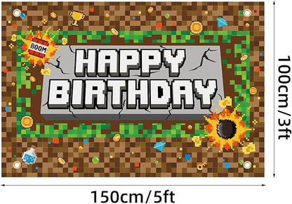 Pixel Birthday Backdrop Banner, 5x3ft/150x100cm Video Game Theme Happy Birthday Backdrop Decoration for Pixel Theme Kids Game Party Decoration Supplies