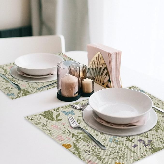 Botanical Placemats Set of 4, 17x12 Inch Butterfly Green Leaf Colorful Wildflower Vintage Rustic Style Table Mats for Home Party Kitchen Dining Decor