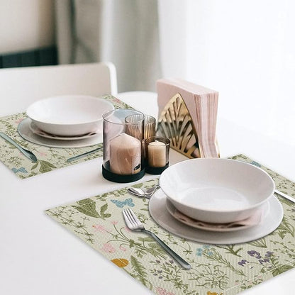 Botanical Placemats Set of 4, 17x12 Inch Butterfly Green Leaf Colorful Wildflower Vintage Rustic Style Table Mats for Home Party Kitchen Dining Decor
