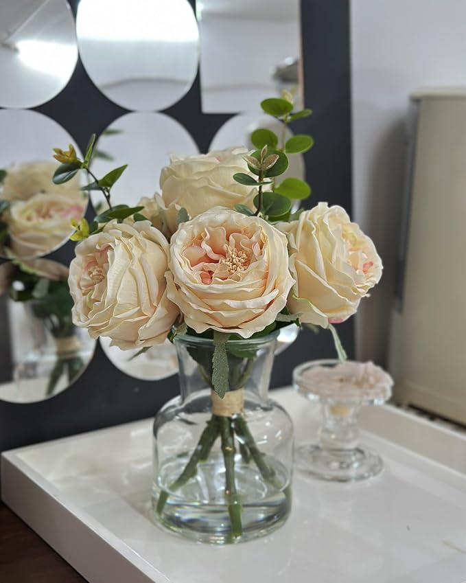 Lifelike Artificial Champagne Roses in Vase - Eternal Table Centerpiece for Dining Room & Kitchen Decor - Faux Flower Arrangement with Realistic Petals