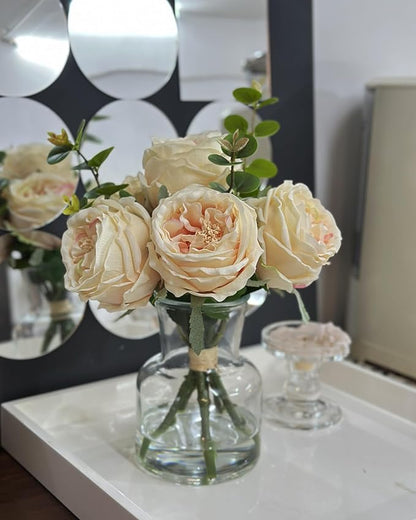 Lifelike Artificial Champagne Roses in Vase - Eternal Table Centerpiece for Dining Room & Kitchen Decor - Faux Flower Arrangement with Realistic Petals