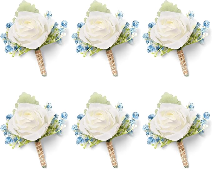White & Blue Rose Boutonnieres for Men Wedding Baby's Breath Boutonniere for Best Men Groom Groomsmen Wedding Prom Set of 6