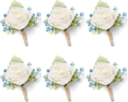 White & Blue Rose Boutonnieres for Men Wedding Baby's Breath Boutonniere for Best Men Groom Groomsmen Wedding Prom Set of 6