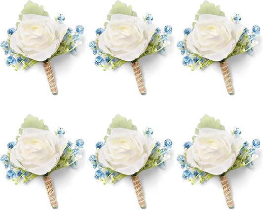 White & Blue Rose Boutonnieres for Men Wedding Baby's Breath Boutonniere for Best Men Groom Groomsmen Wedding Prom Set of 6