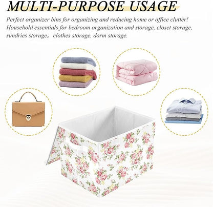 Flower Baskets Collapsible Storage Bins with Lids, Pink Rose Flower Floral Storage Boxes Clothes Baskets for Organizing