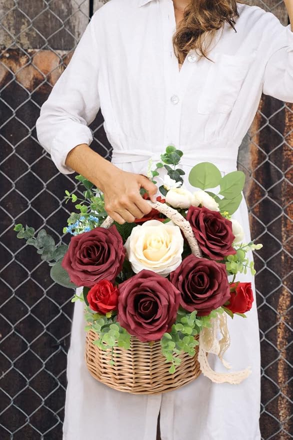 Artificial Rose Flower Burgundy Rose Flower Silk Flowers 12 pcs with Long Stem Silk Roses Bouquet for Wedding Bridal Shower Party Home Decoration