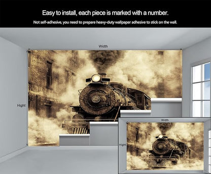 Vintage Steam Train Wall Mural, Industrial Train Engine 3D Wall Murals, Retro Railway Steam Engine Wallpaper Mural, for Living Room Bedroom Large Wallpaper Indoor Decor 98.4" W x68.9 H
