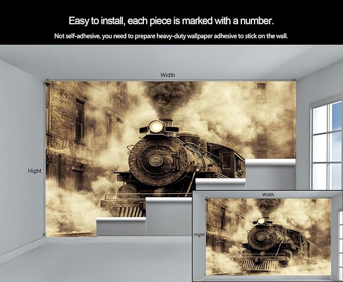 Vintage Steam Train Wall Mural, Industrial Train Engine 3D Wall Murals, Retro Railway Steam Engine Wallpaper Mural, for Living Room Bedroom Large Wallpaper Indoor Decor 78.7" W x55.1 H