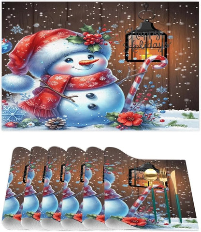 Christmas Art Snowman Snowflake Placemats Set of 4 PVC Vinyl Non Slip Table Mats Heat Resistant Place Mats Washable Wipeable Dining Table Mat for Kitchen Decor Party Indoor Outdoor Decorative Gift