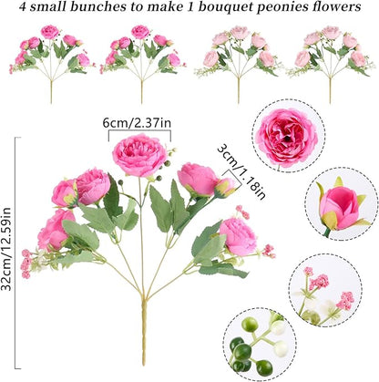 Artificial Peonies Silk Flowers, Pink Faux Peony Bouquet 4 Bundles Florals Arrangements Decor for Farmhouse Home Boho Wedding Table Centerpiece, Fake Plastic Flower Bulk for Vase Decoration (Mix Pink)