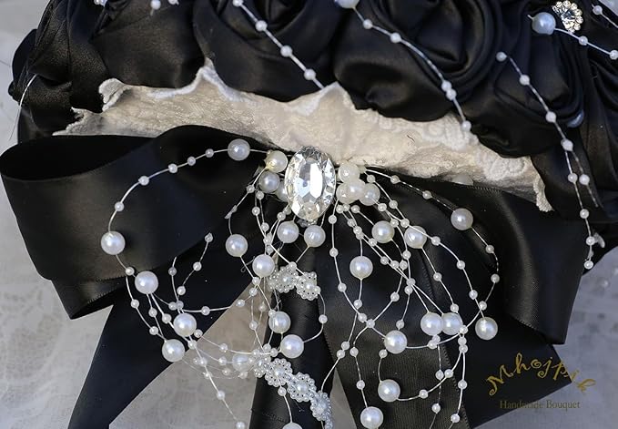 Bridal Wedding Bouquet Round Bling Brooch Bouquet Throw Toss Artificial Rose Flower Bunch for Bride Bridesmaid Wedding Quinceanera(Black, 6.3")