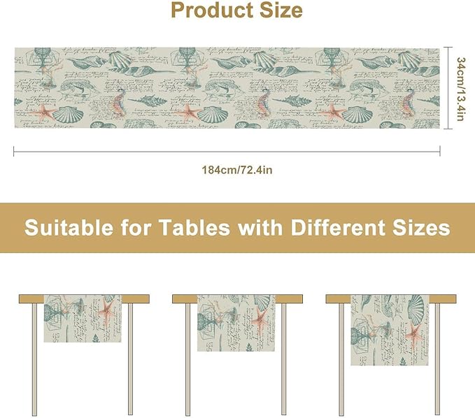 Starfish Table Runner,Seashells Beach Coastal Nautical Sailboat Jellyfish Vintage Hand Drawn Burlap for Hotel Indoors Outdoor Dining Room Kitchen Table Decor, 13x80in