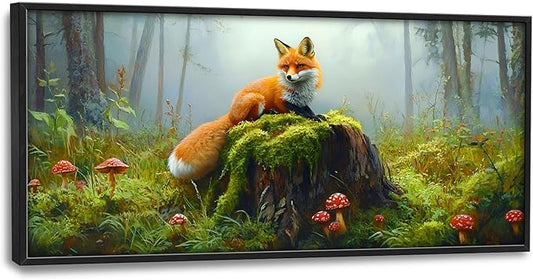Forest Fox Large Wall Art Framed Rustic Wall Decor for Living Room Fox Mushroom Pictures Oversized Canvas Print Painting Modern Extra Large Framed Artwork for Bedroom Office 60"x30"