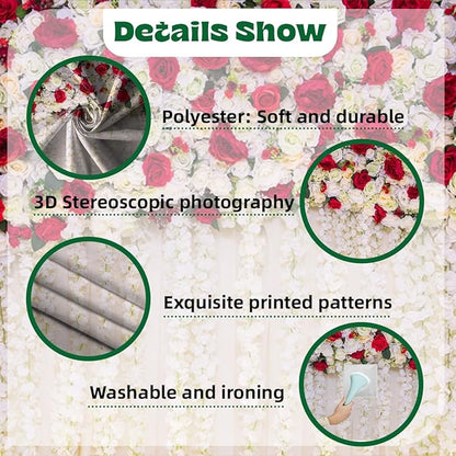 7x5ft White Red Flowers Wall Backdrops Wedding Floral Background Spring Blooming Roses Photography Banner for Bridal Shower Mothers Day Birthday Womens Day Valentines Day Baby Shower Decor