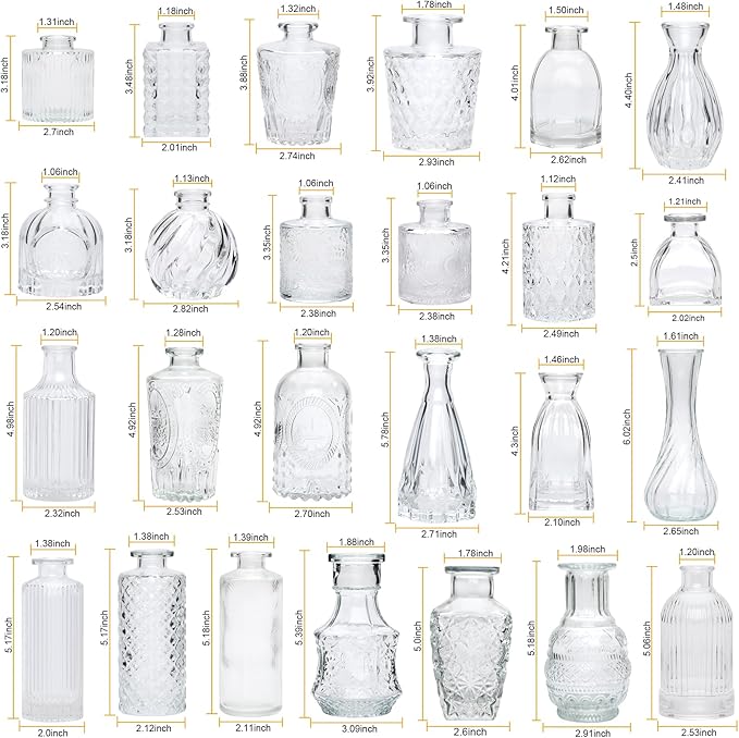 Brajttt Set of 32 Bud Vases for Flowers, Small Vintage Glass Bottles for Rustic Wedding Centerpieces and Home Decor