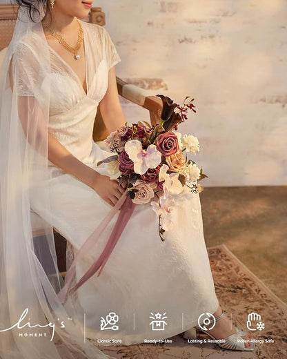 Ling's moment Dusty Rose Wedding Bouquets for Bride, Pink Bridal Bouquets for Bride, 13 Inch Free Form Artificial Wedding Flower Bouquet