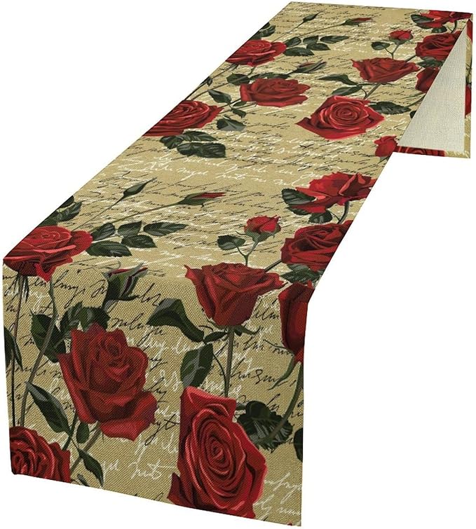Red Rose Print Table Runner, Vintage Rose Spring Summer Seasonal Romantic Valentines Dinner Runner Table Decoration for Home Kitchen Dining Holiday Wedding Party 13x36in