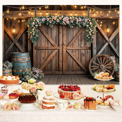10x8ft Country Wedding Photography Backdrop Rustic Barn Door Photography Backdrop Farmhouse Pink Flower Cabin Wooden Birthday Baby Shower Wedding Bridal Party Banner Photo Booth Props Background