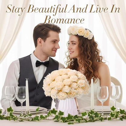 200 Pcs Flowers Long Stem Artificial Rose Bulk, 3.2 Inches Silk Rose Head Flowers Faux for Wedding Bridal Bouquet Independence Day Home Floral DIY Centerpieces Party Decoration(Champagne)