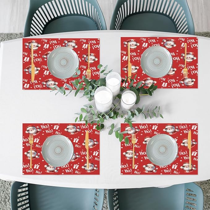 Christmas Xmas Ho Santa Claus Placemats Set of 1 PVC Vinyl Non Slip Table Mats Heat Resistant Place Mats Washable Wipeable Dining Table Mat for Kitchen Decor Party Indoor Outdoor Decorative Gift